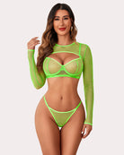 Neon green fishnet crop sheer set with underwire bra and matching thong