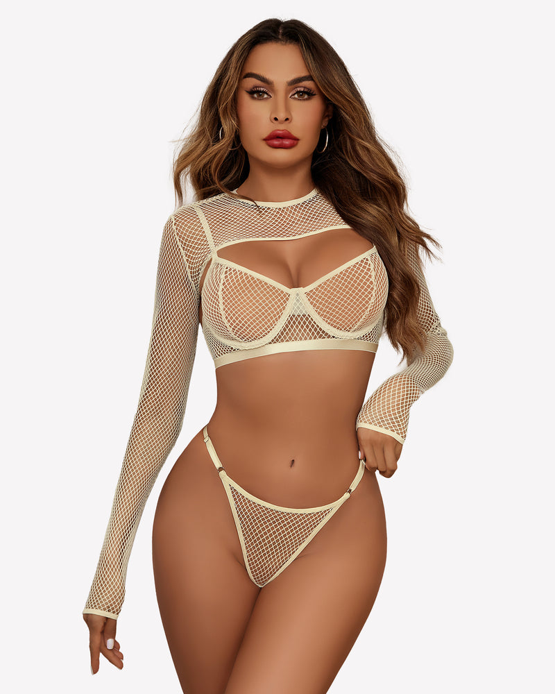 3-piece fishnet lingerie set, beige long-sleeve crop bra and thong