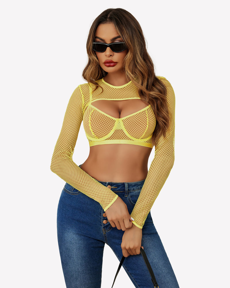 3-piece fishnet lingerie set, yellow long-sleeve crop bra and thong
