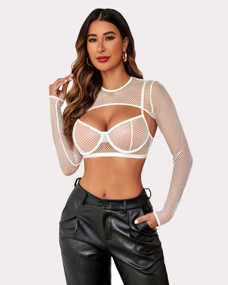 White fishnet crop sheer set with long sleeves, underwire bra, and thong