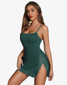 Dark teal lace-trim slip nightdress with spaghetti straps and scalloped lace hem