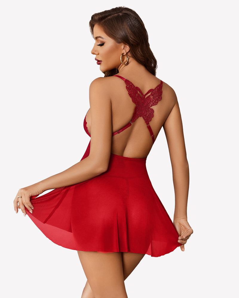 Wine red lace V-neck babydoll with open-back butterfly lace and short skirt
