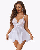 White V-neck lace babydoll lingerie with floral lace cups and sheer flared skirt, front view