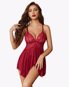 Red v-neck lace babydoll with thin straps and pleated short skirt