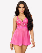 Pink mesh babydoll with lace cups and floral embroidery, ruffled mini hem
