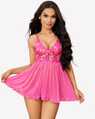 Pink mesh babydoll with lace-trim cups, floral embroidery, and flared skirt