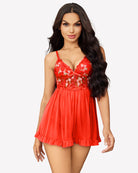 Red mesh babydoll with lace cups, snowflake-style embroidery, and ruffled hem