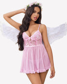 Pink mesh babydoll lingerie with lace cups, tie front, and tiered skirt ruffle