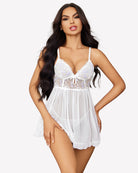 White mesh babydoll lingerie with lace cups, bow detail, and tiered sheer skirt