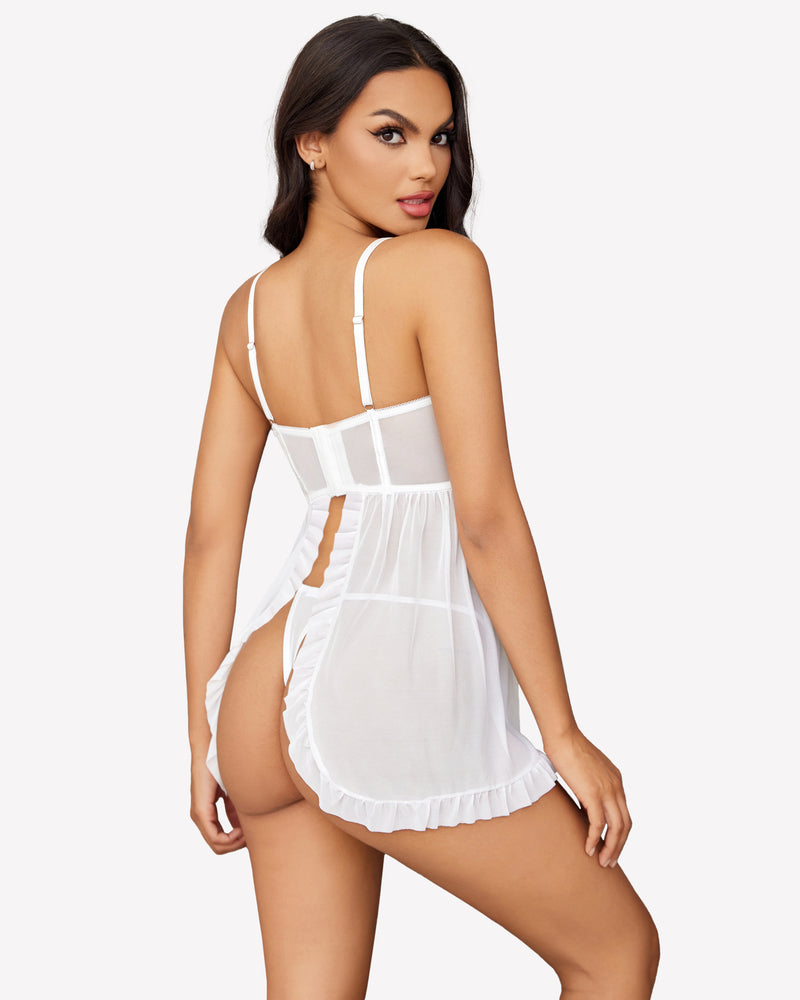 White mesh babydoll lingerie with strappy back and sheer panel mini skirt