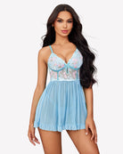 Light blue mesh babydoll with lace cups, bow detail, adjustable straps, ruffled hem
