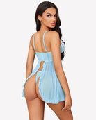 Light blue mesh babydoll with lace trim and open back, adjustable shoulder straps