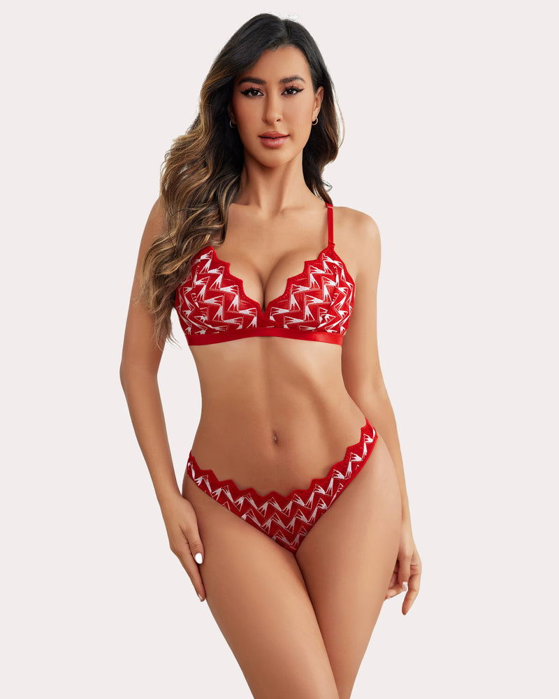 Red criss-cross bra and panty set, geometric triangle print, scalloped trim