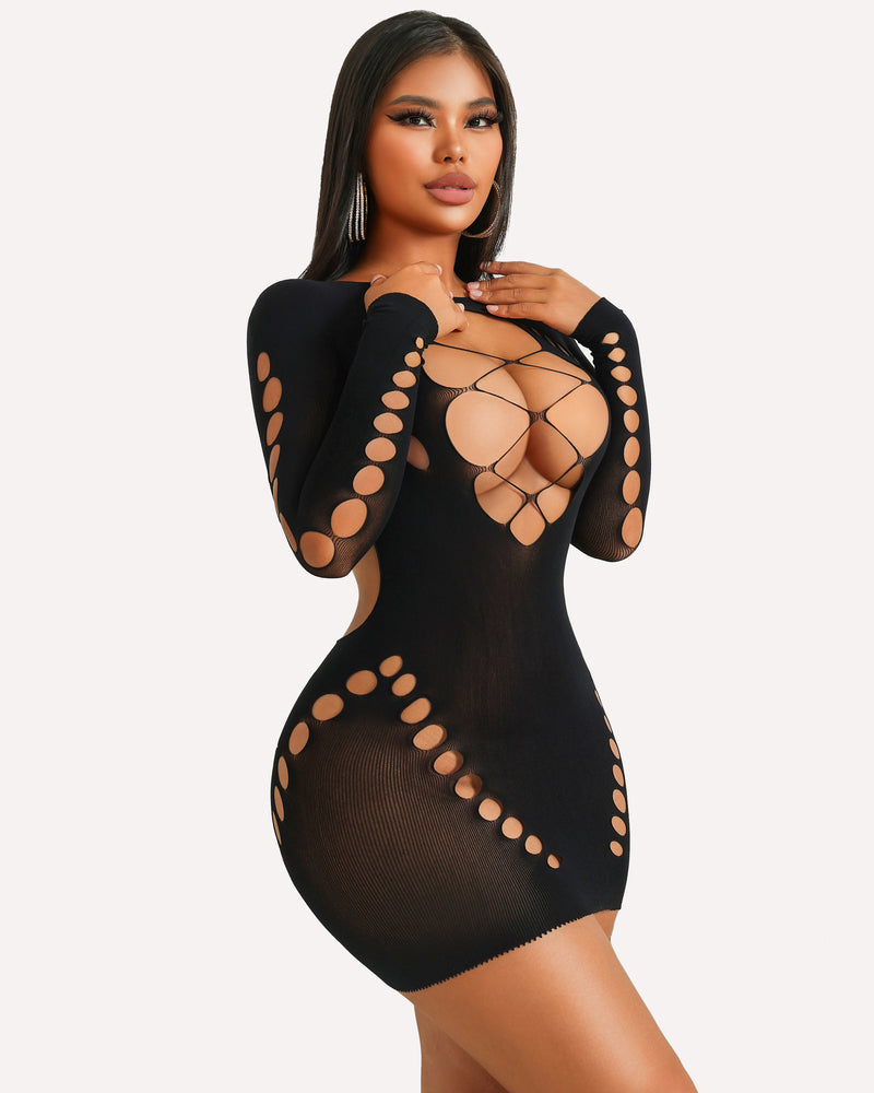 Black fishnet mesh long-sleeve dress with chest and back lattice cutouts