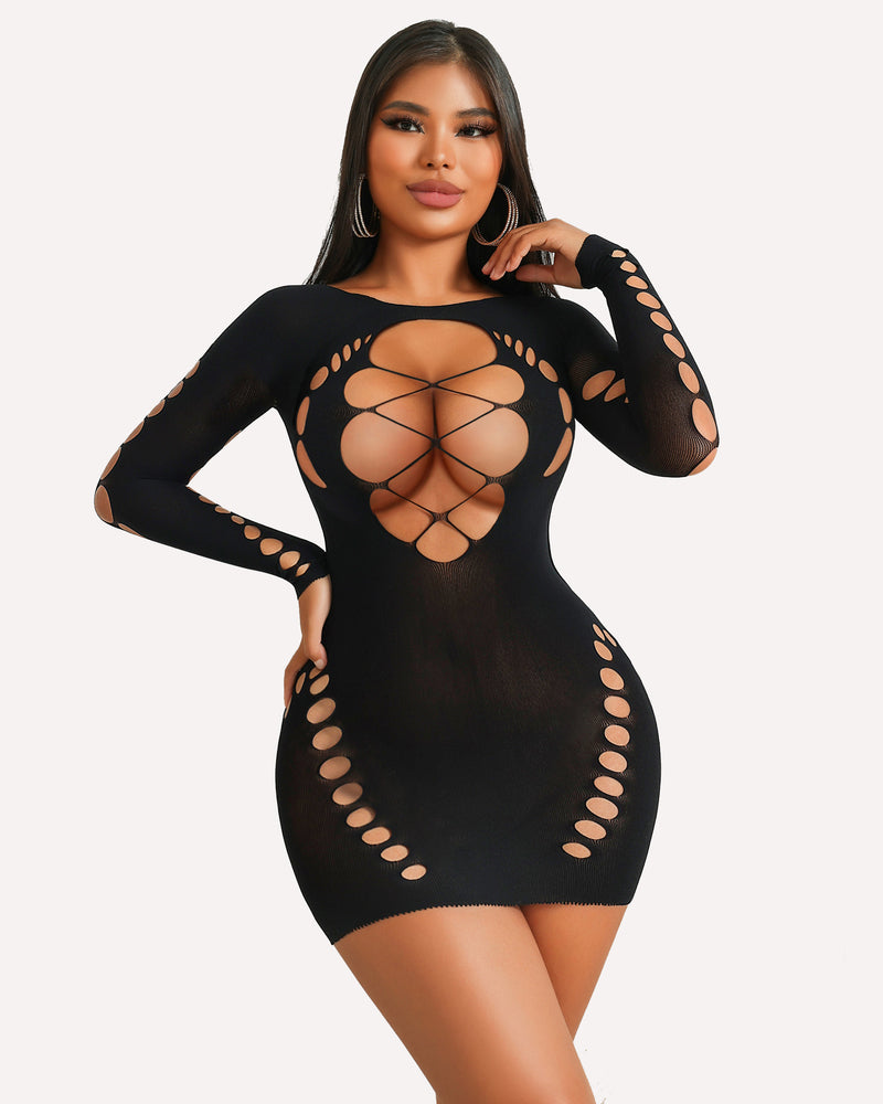 Black fishnet mesh long-sleeve dress with floral lattice cutout back