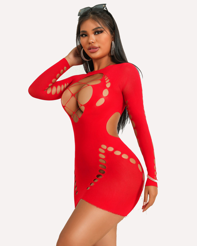Red fishnet mesh long-sleeve dress with side and back lattice cutouts