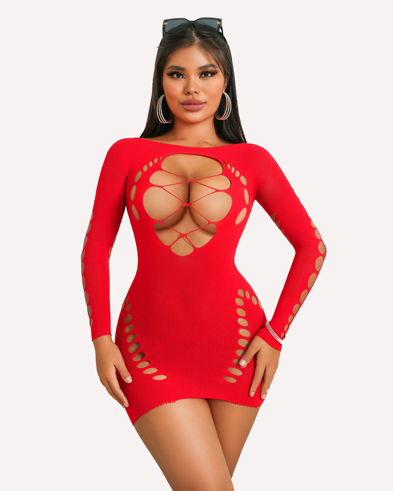 Red fishnet mesh long-sleeve dress with floral lattice cutout front