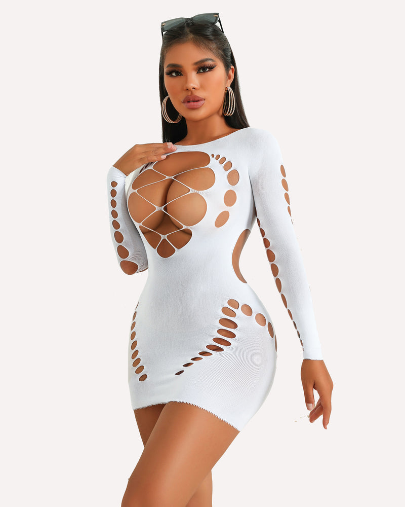 White fishnet mesh long-sleeve dress with floral lattice cutouts on front