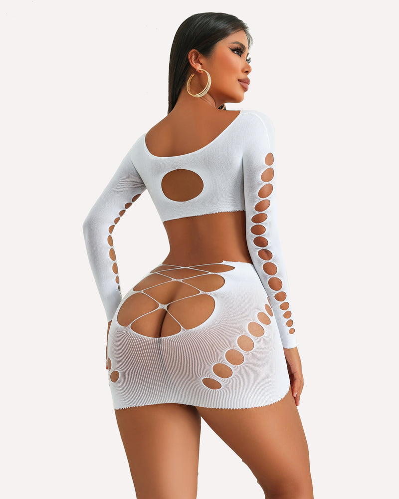 White fishnet mesh long-sleeve dress with open back and oval cutouts