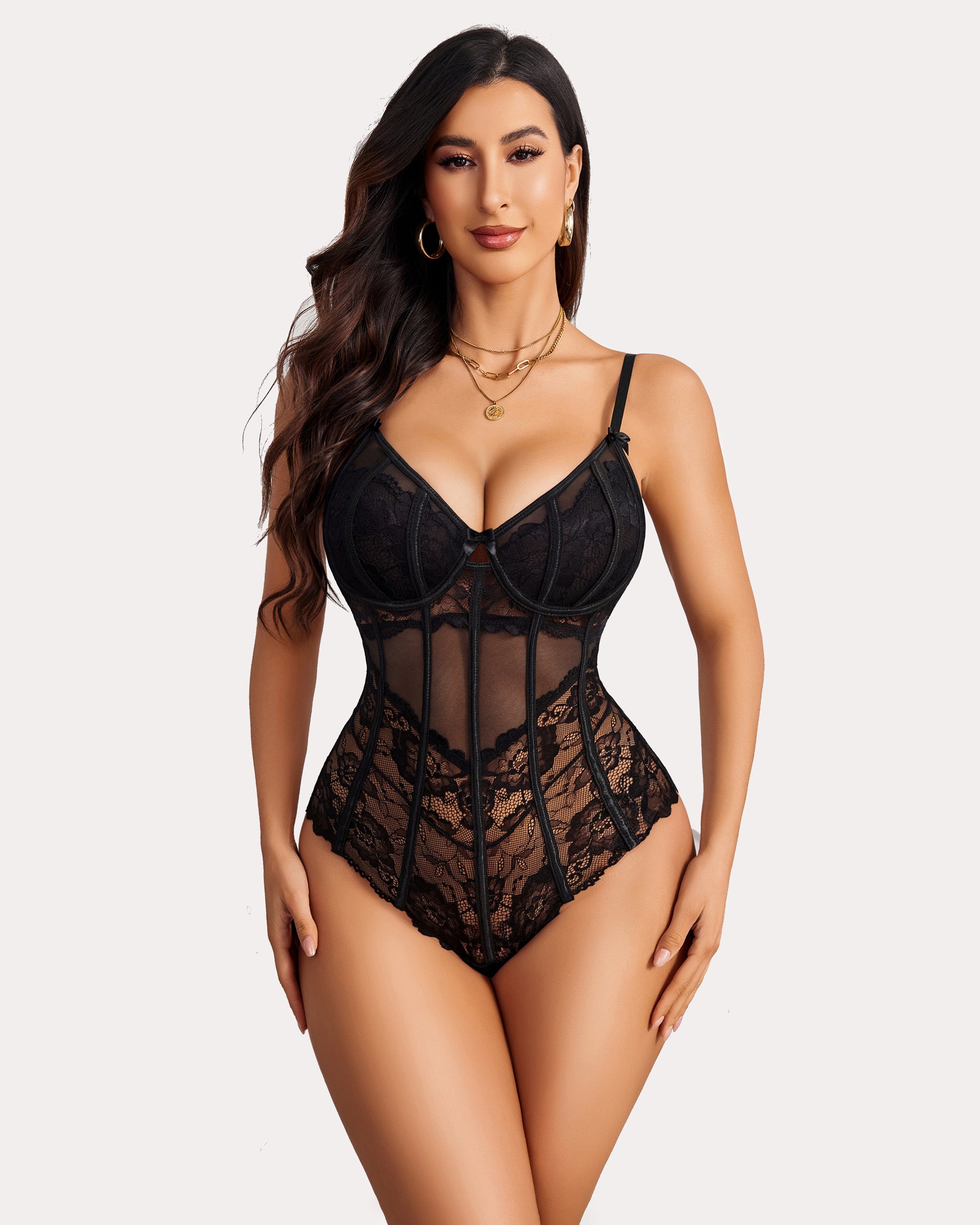 Black lace underwire V-neck bodysuit with spaghetti straps and sheer mesh panels