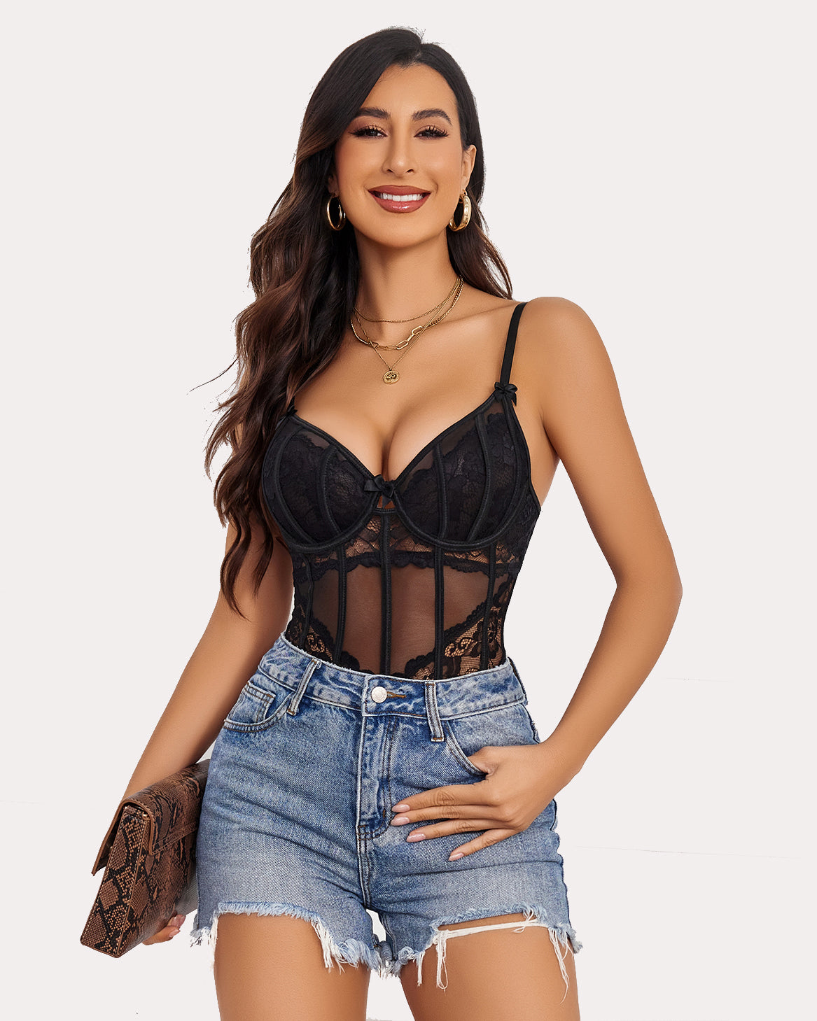 Black lace underwire V-neck bodysuit worn under denim shorts