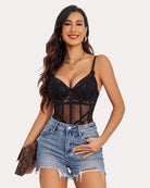 Black lace underwire V-neck bodysuit worn under denim shorts