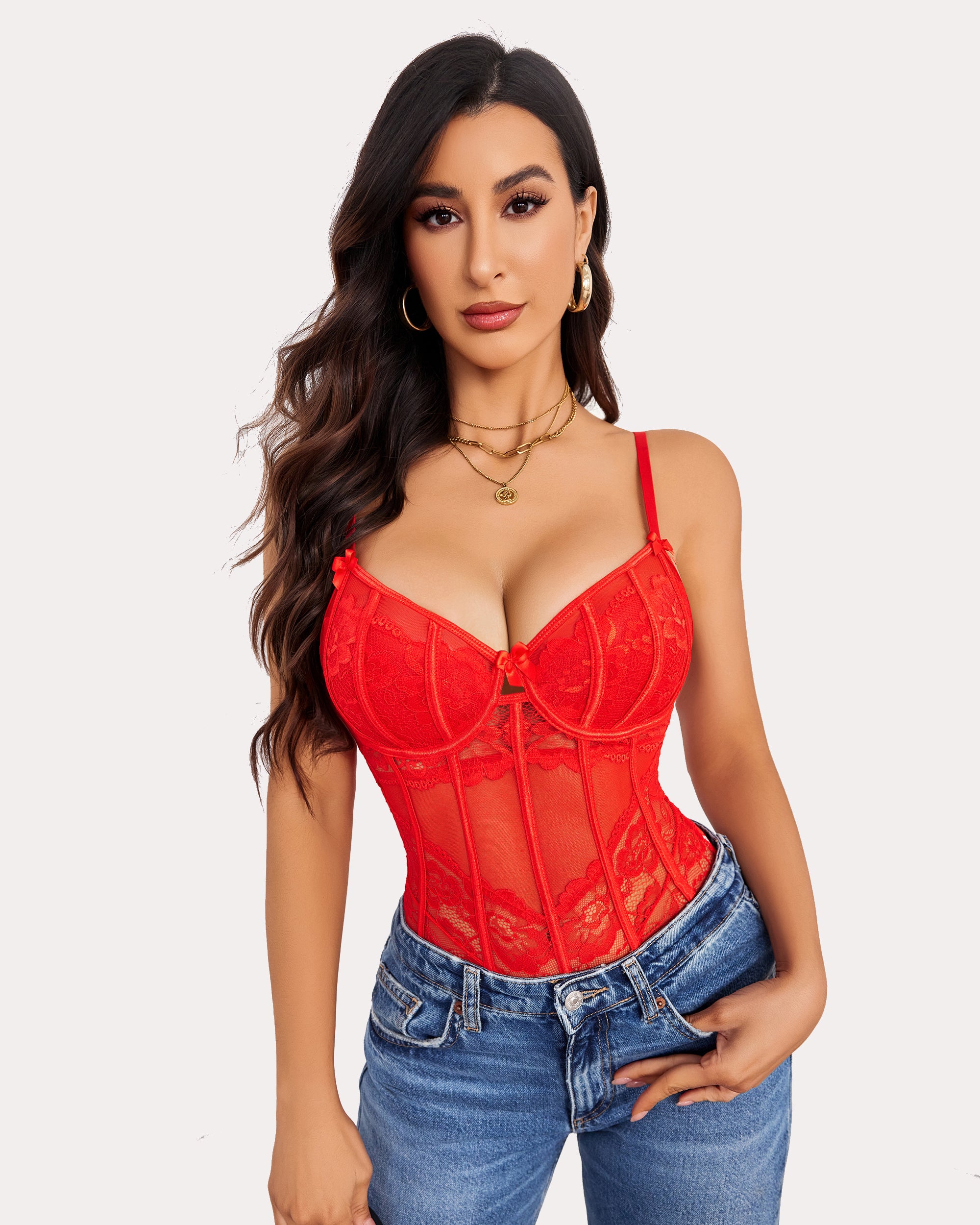Red lace underwire V-neck corset bodysuit with adjustable straps