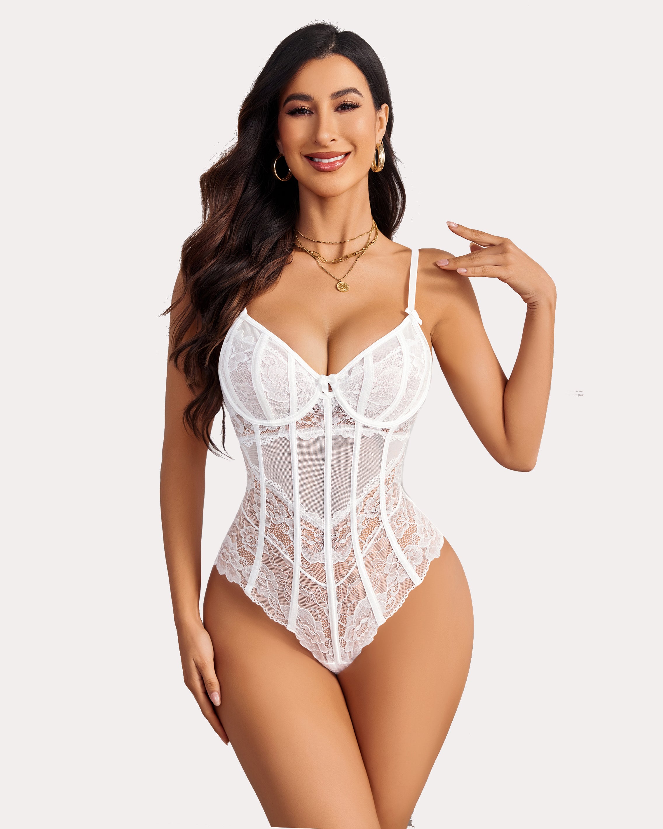 White lace underwire V-neck bodysuit with adjustable straps