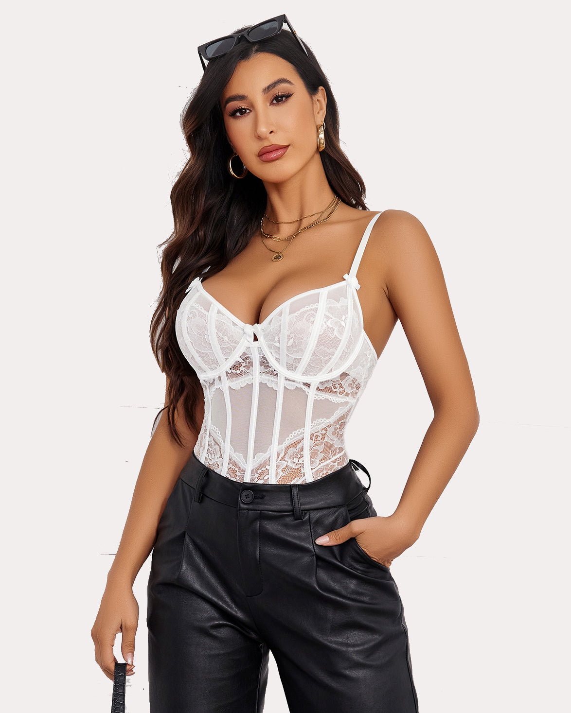 White lace underwire V-neck bodysuit with corset seams and straps
