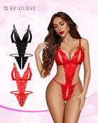 Red deep V lace lingerie bodysuit with sheer mesh panels and ribbon straps