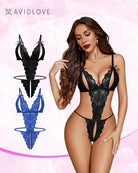 Black deep V lace lingerie bodysuit with sheer mesh panels and ribbon bow straps