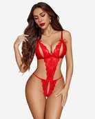 Red lace deep V teddy bodysuit with underwire cups and thong back