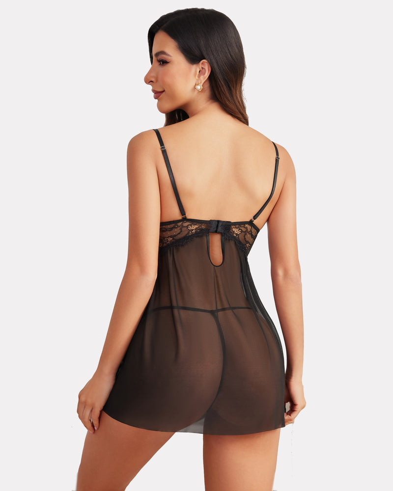 Black lace V-neck nightie with lace back straps and sheer babydoll skirt