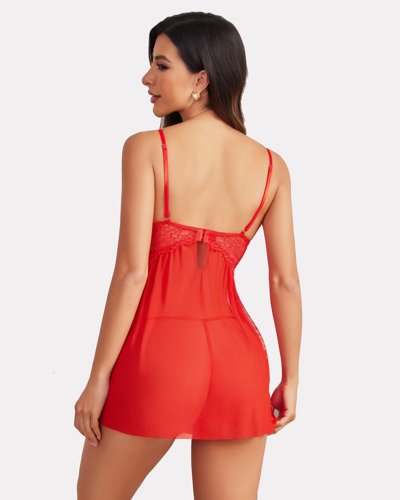 Red lace V-neck nightie with strappy open back and sheer babydoll skirt
