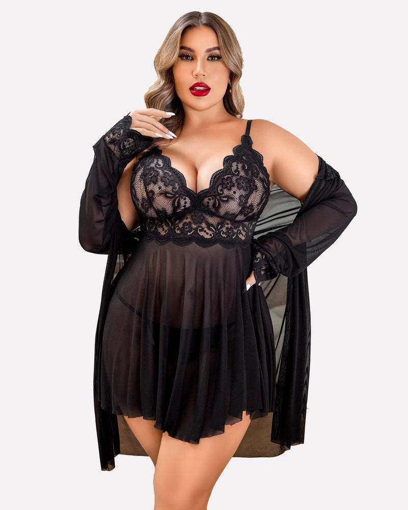 Plus size lace babydoll lingerie set with short skirt and long sheer robe, black