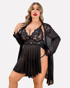 Plus size lace babydoll lingerie set with plunge lace bodice and sheer robe sleeves, black