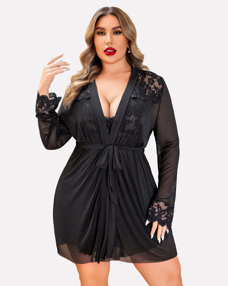 Plus size lace babydoll lingerie set with deep V neckline and tied waist, black