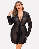Plus size lace babydoll lingerie set with lace cuffs and V-neck bust, black