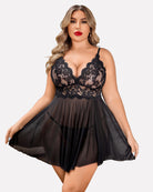 Plus size lace babydoll lingerie set with lace bust and flared sheer skirt, black