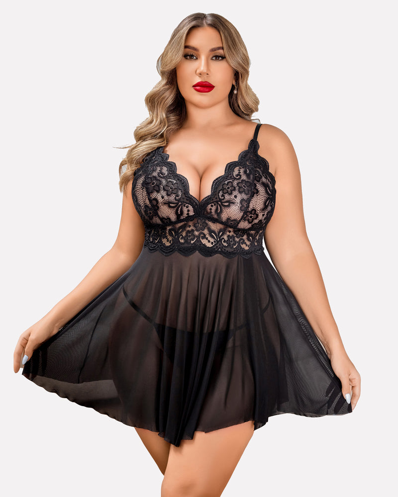 Plus size lace babydoll lingerie set with lace bust and flared sheer skirt, black