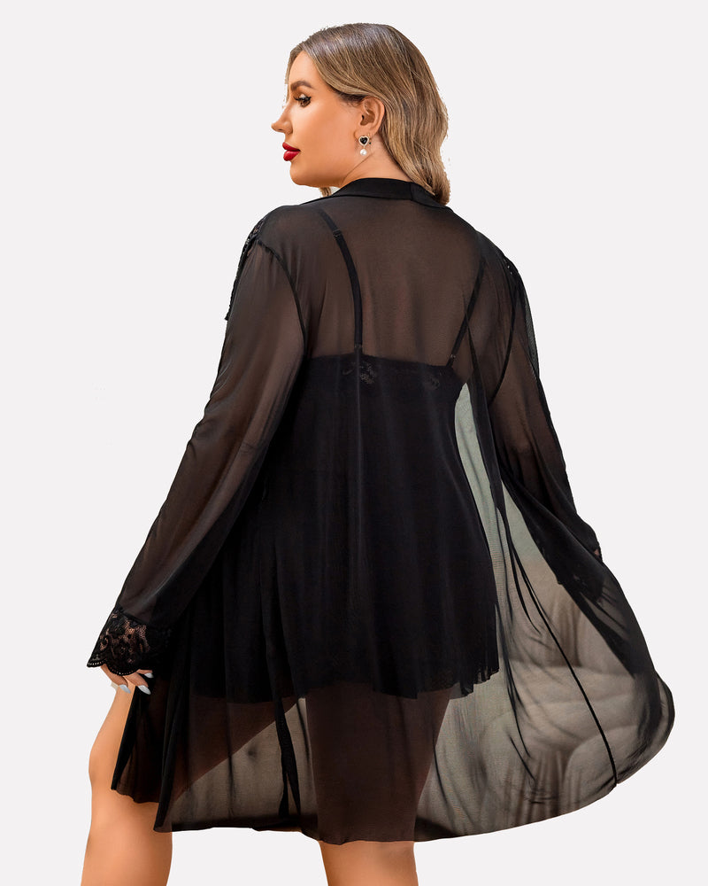 Plus size lace babydoll lingerie set with long sheer back robe, black