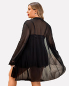 Plus size lace babydoll lingerie set with long sheer back robe, black