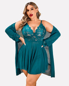 Plus size lace babydoll lingerie set with short flared skirt and long sheer robe, teal