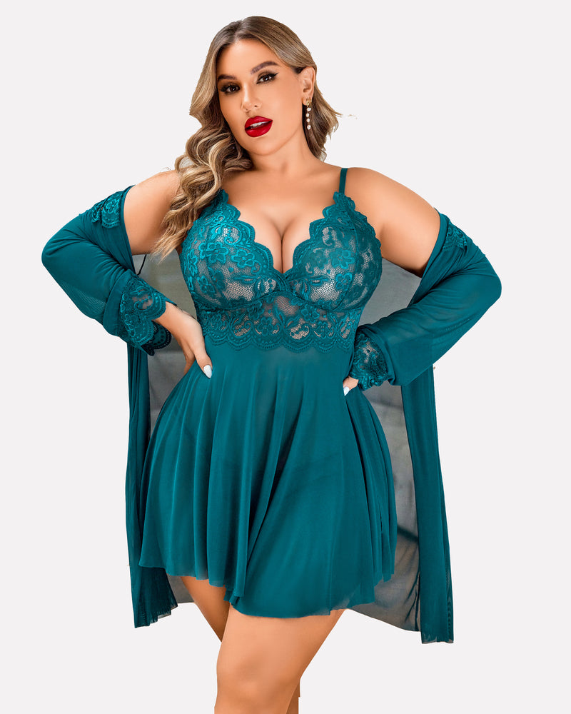 Plus size lace babydoll lingerie set with short flared skirt and long sheer robe, teal