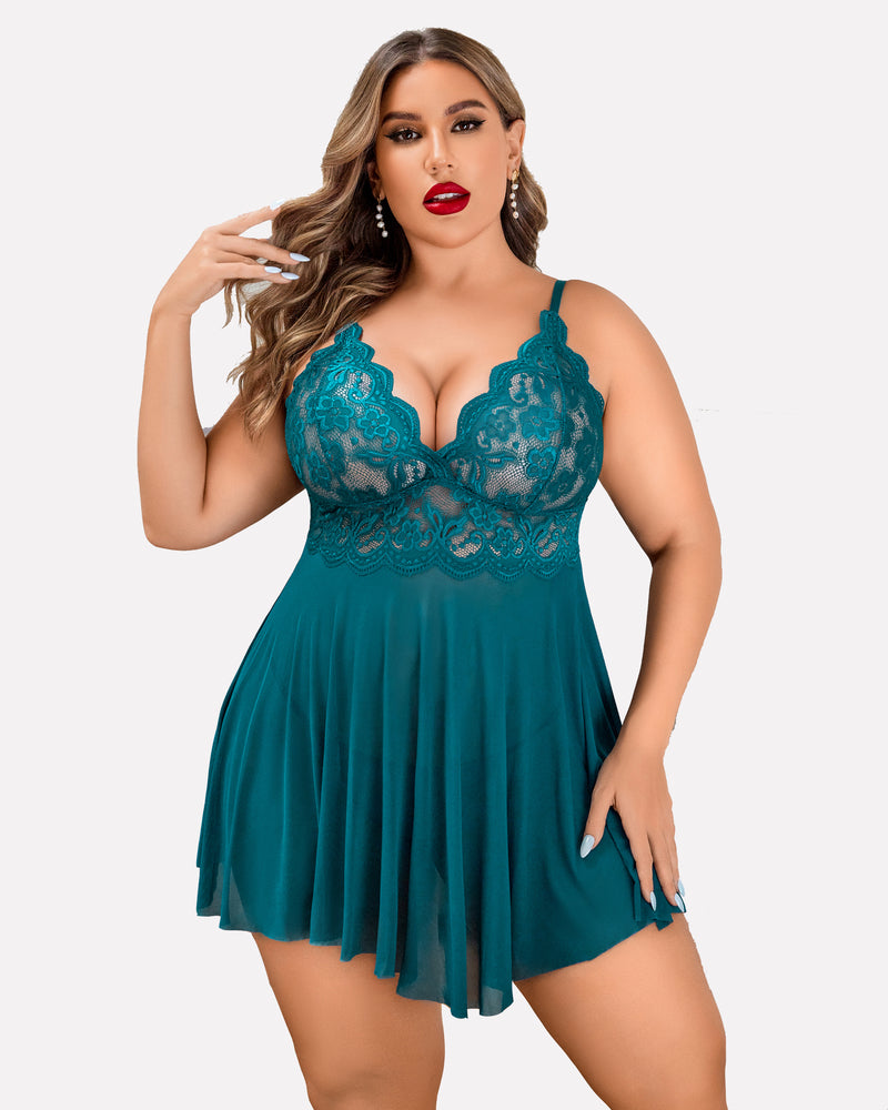 Plus size lace babydoll lingerie set with plunge lace bodice and flared skirt, teal