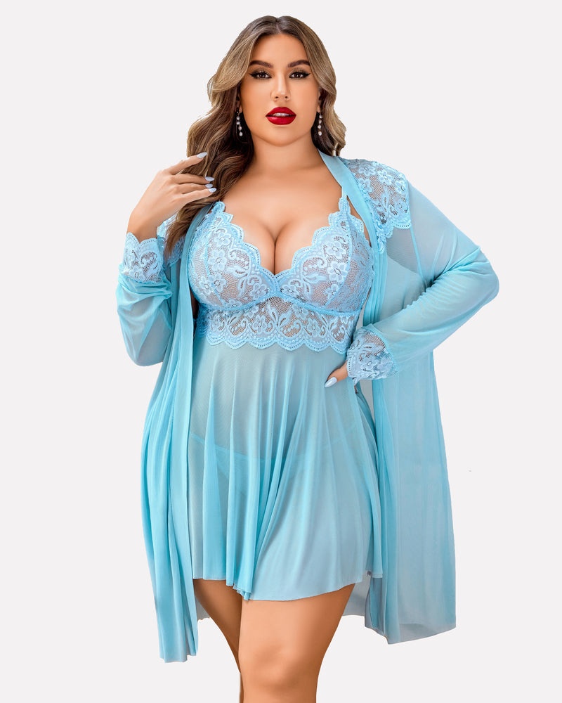 Plus size lace babydoll lingerie set with lace bodice and long sheer robe, light blue
