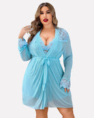 Light blue lace babydoll lingerie set, V-neck with tie-front and long sleeves