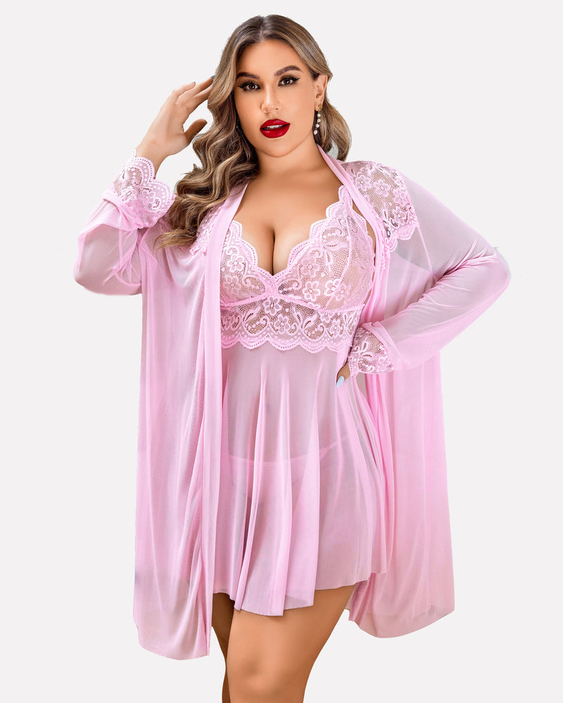 Pink lace babydoll lingerie set with deep V neckline and flowing long sheer robe