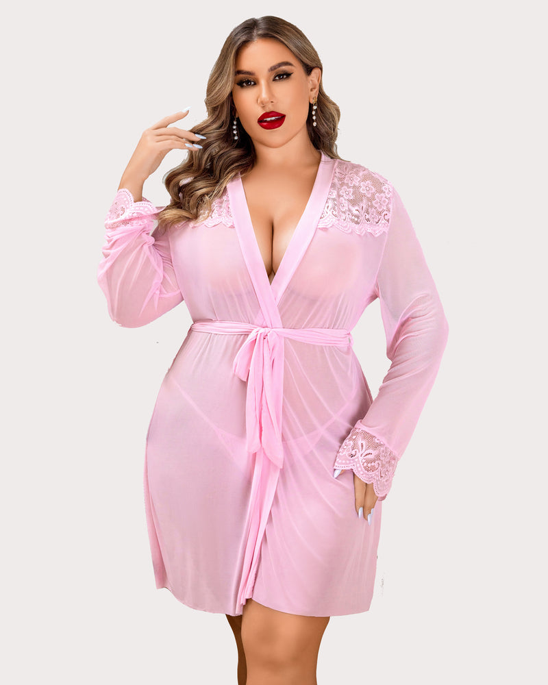 Pink lace nightdress with deep V neck, tie belt, and long sleeves