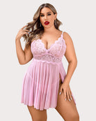 Pink lace babydoll lingerie with scalloped lace cups and pleated skirt